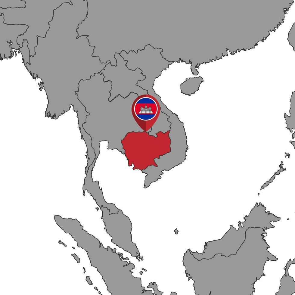 pin mapa com bandeira do Camboja no mapa do mundo. ilustração vetorial. vetor