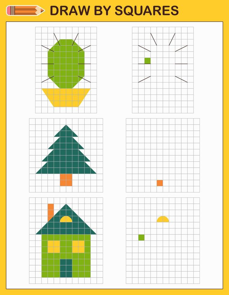 copie a imagem, desenhe por quadrados. jogo para crianças desenhar por células. arte de pixel. treinamento de habilidades de desenho e lógica. vetor