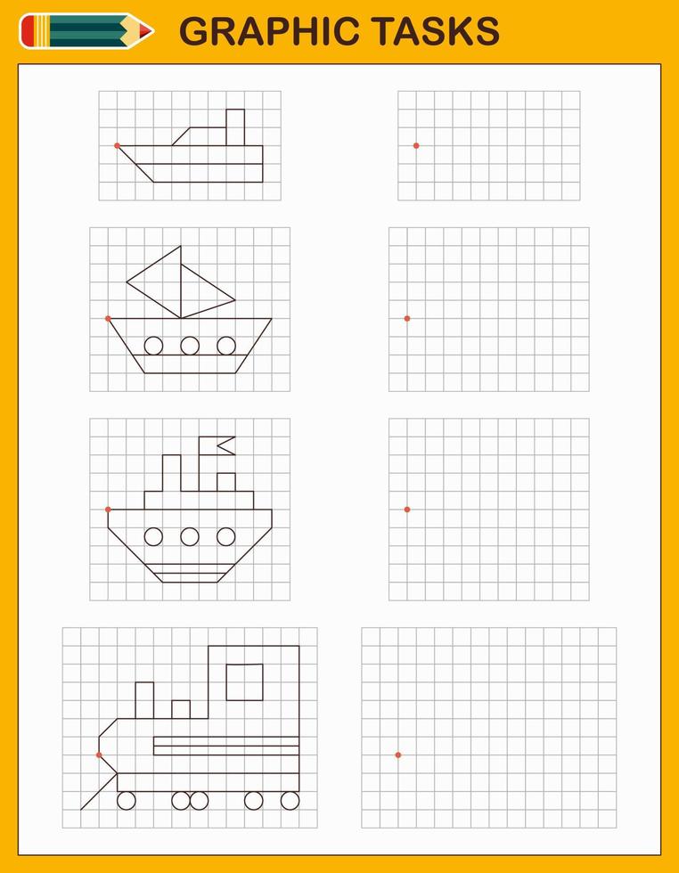 tarefas gráficas. jogo educativo para crianças pré-escolares. planilhas para praticar lógica e habilidades motoras. jogo para crianças. tarefas gráficas com diferentes objetos e elementos. ilustração vetorial vetor