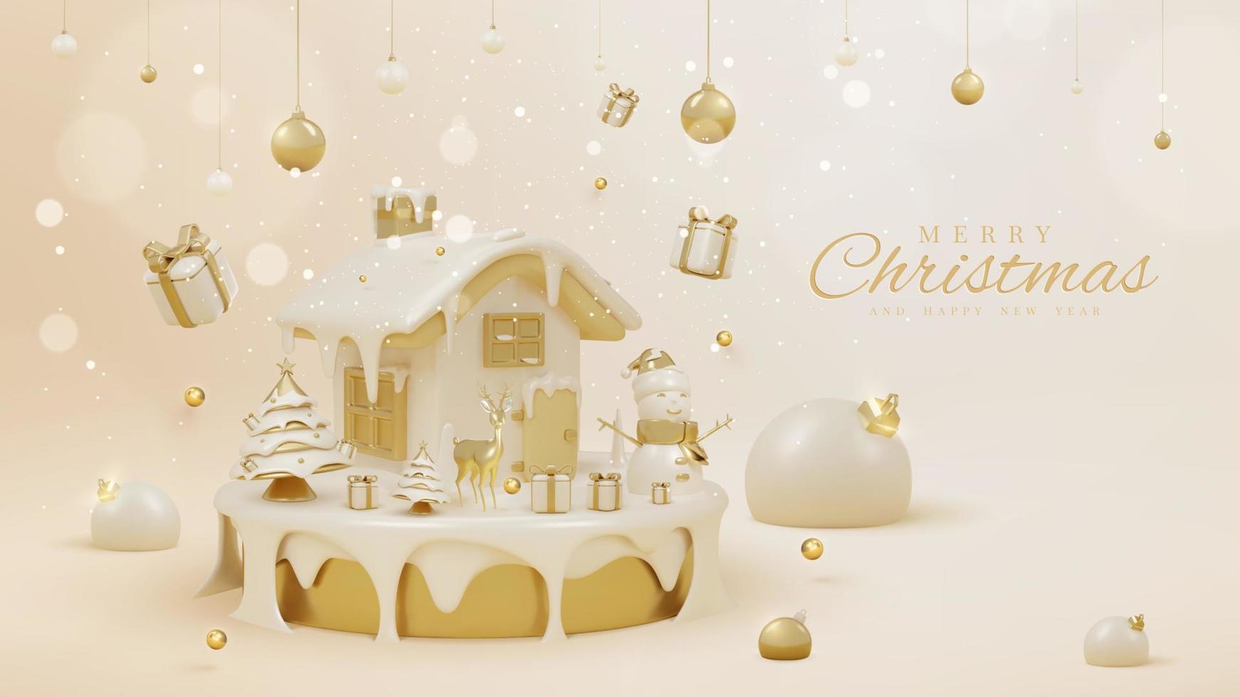 fundo de luxo com enfeites de natal realistas 3d no pódio de ouro e efeito de luz cintilante com decorações de bokeh e neve. ilustração vetorial. vetor