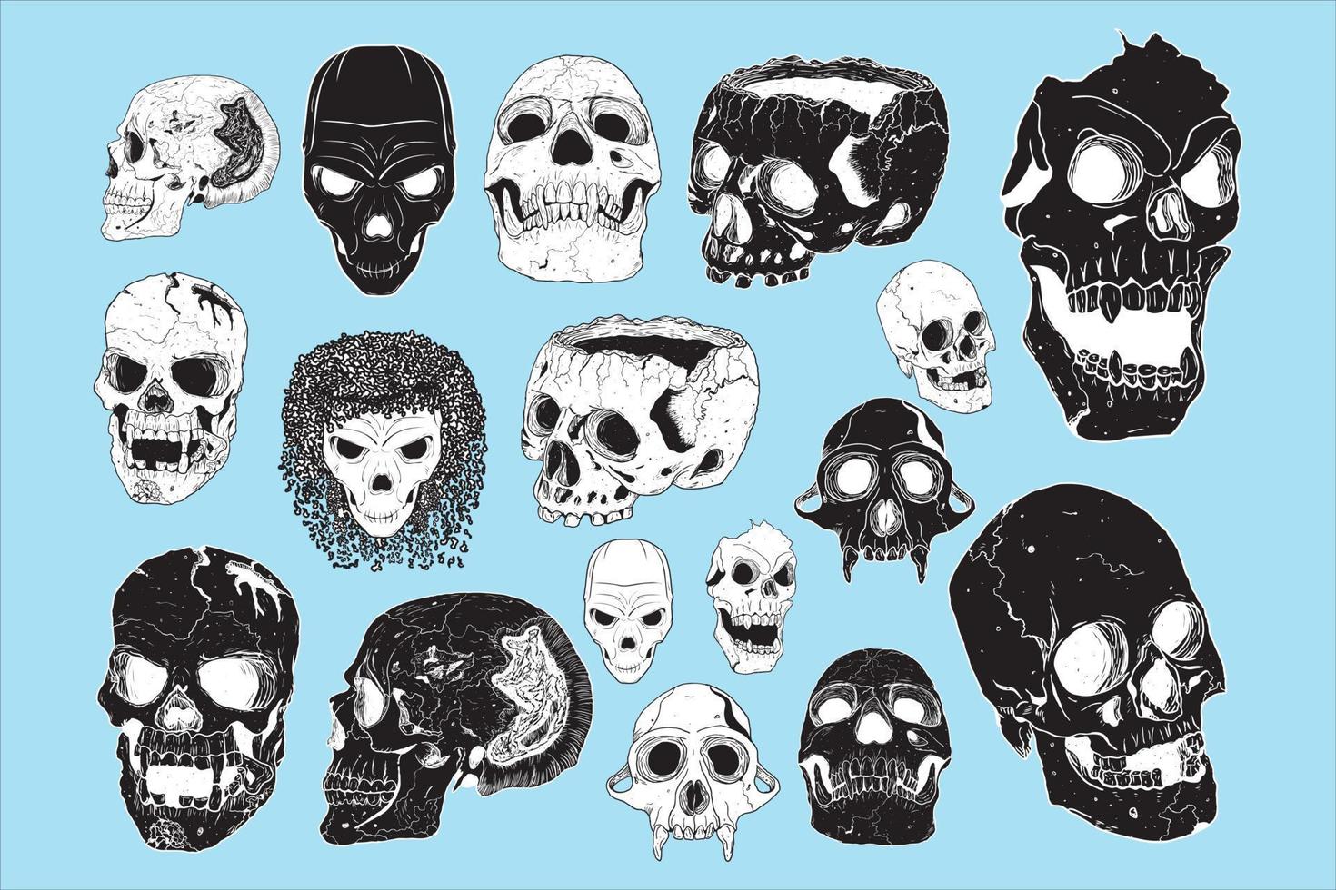 uma coleção de vários tipos de imagens de crânios humanos. horror, místico, preto. vários lados da imagem. vetor