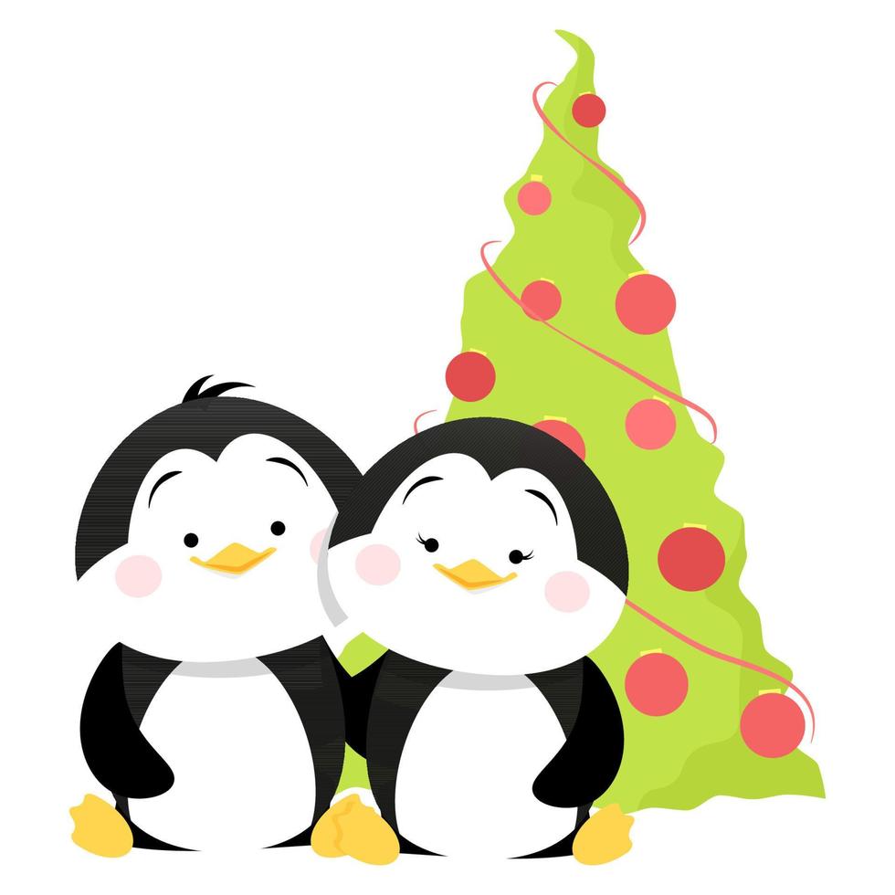 dois pinguins com árvore de natal vetor
