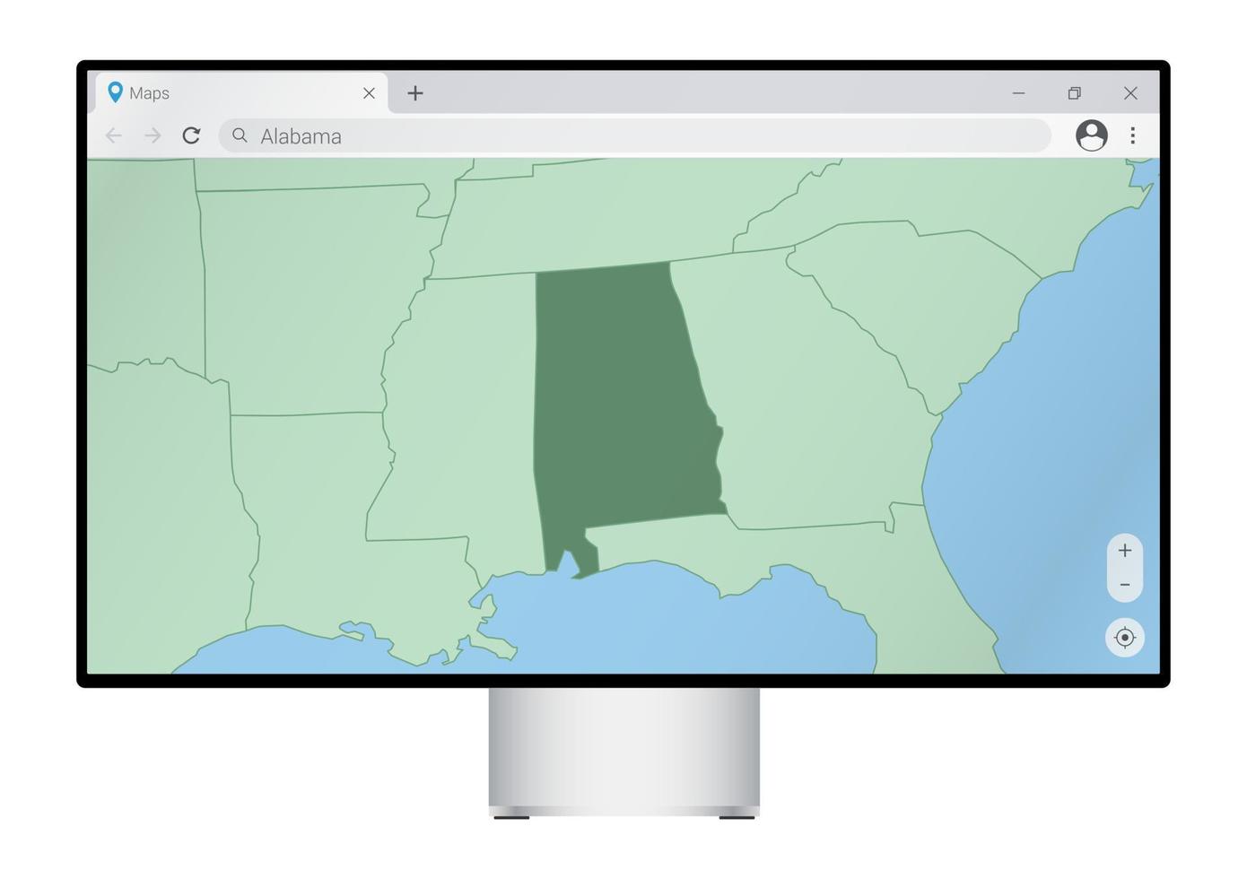 monitor de computador com mapa do alabama no navegador, procure o país do alabama no programa de mapeamento da web. vetor
