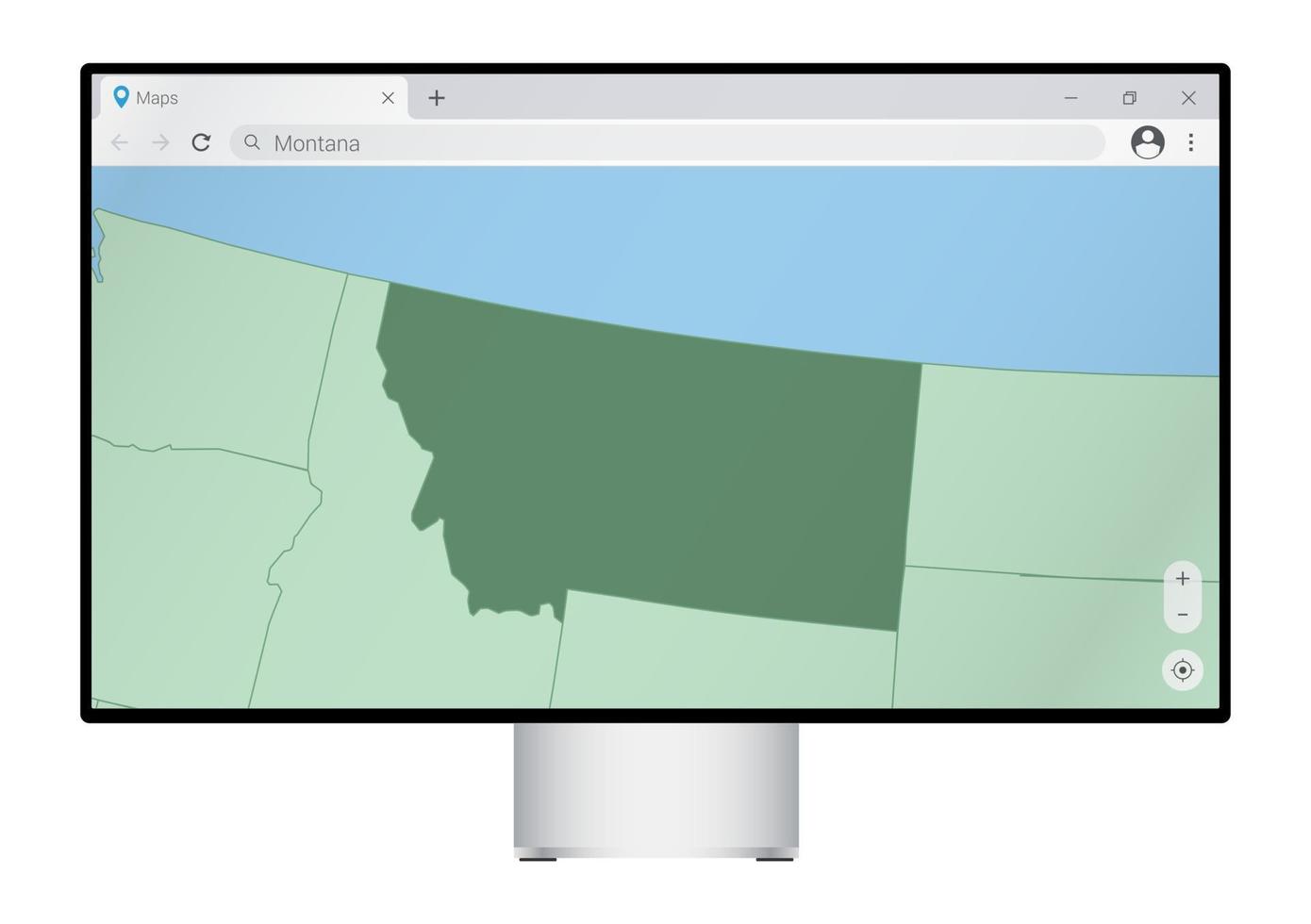 monitor de computador com mapa de montana no navegador, procure o país de montana no programa de mapeamento da web. vetor