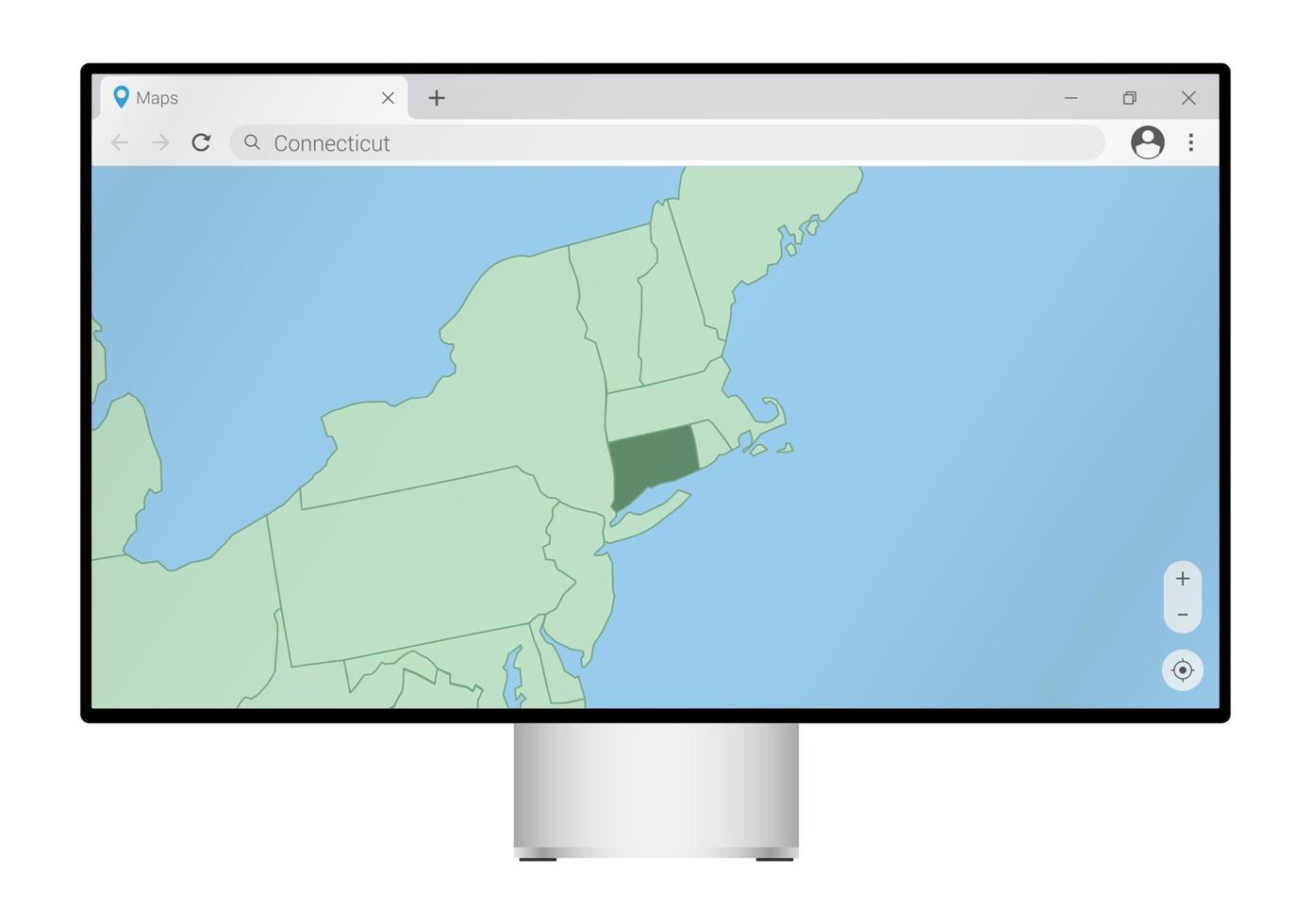 monitor de computador com mapa de connecticut no navegador, procure o país de connecticut no programa de mapeamento da web. vetor