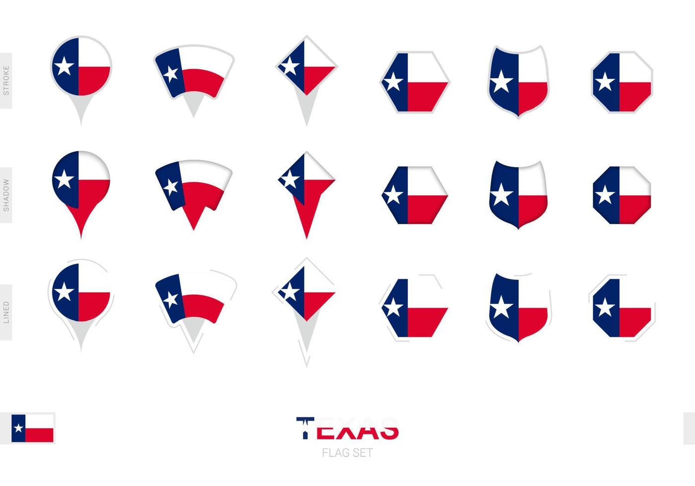 coleção da bandeira do texas em diferentes formas e com três efeitos diferentes. vetor