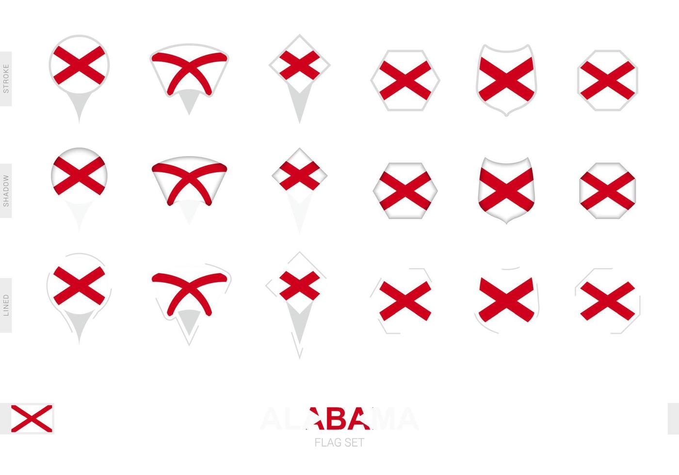 coleção da bandeira do alabama em diferentes formas e com três efeitos diferentes. vetor