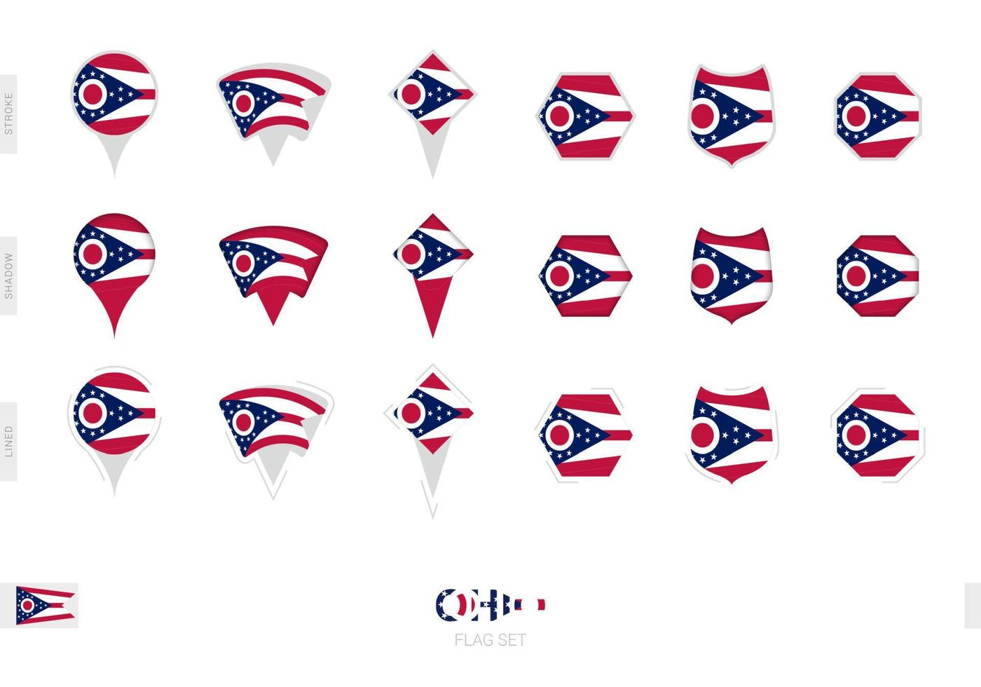 coleção da bandeira de ohio em diferentes formas e com três efeitos diferentes. vetor