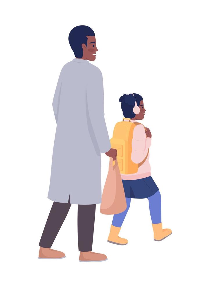 pai andando com a filha para a escola personagens vetoriais de cores semi planas. figuras editáveis. trajes de inverno. pessoas de corpo inteiro em branco. ilustração simples de estilo cartoon para web design gráfico e animação vetor