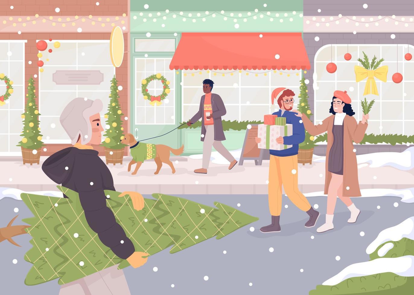 rua decorada para ilustração vetorial de cor plana de natal. confusão de férias de natal. Inverno. personagens de desenhos animados simples 2d totalmente editáveis com atmosfera festiva de natal no fundo vetor