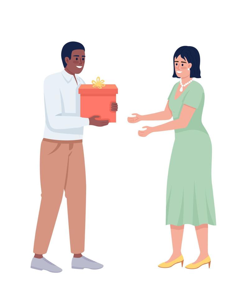 casal trocando presentes personagem de vetor de cor semi plana. figura editável. pessoas de corpo inteiro em branco. ilustração de estilo de desenho animado simples de aniversário para web design gráfico e animação