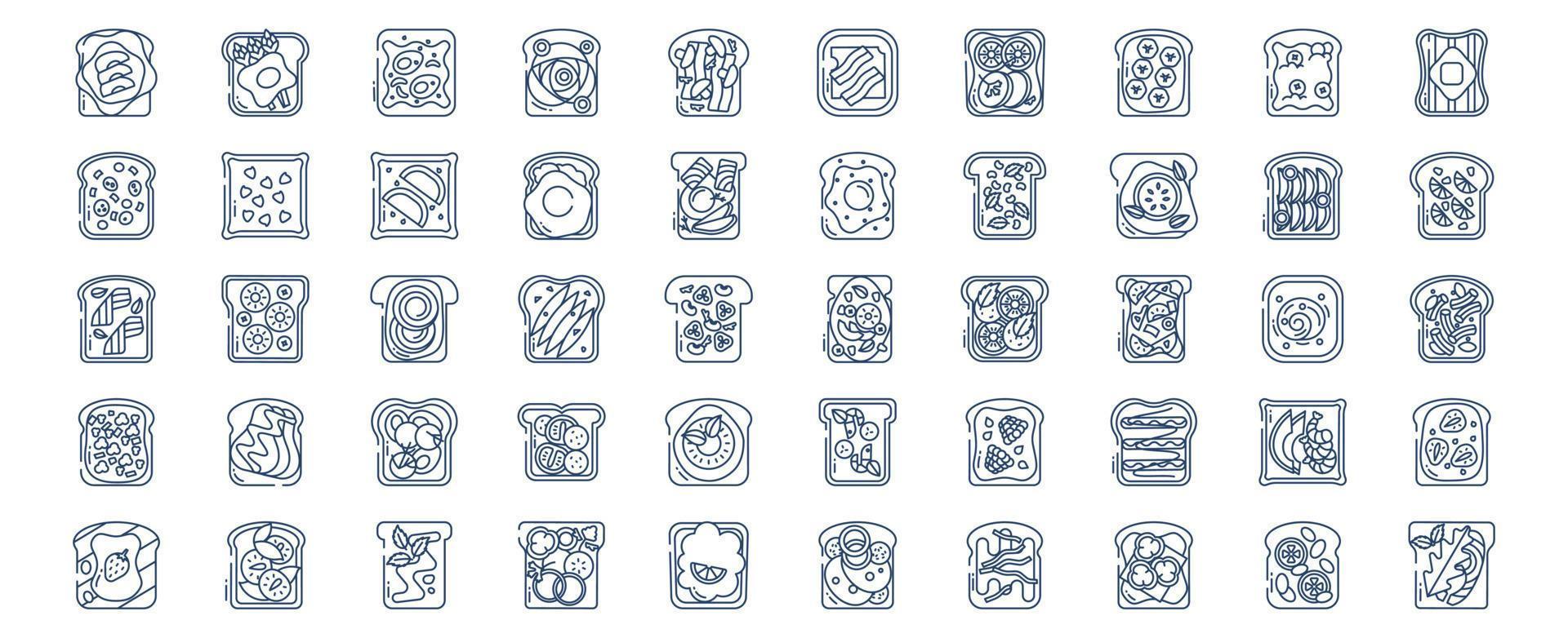 coleção de ícones relacionados à cobertura de torradas, incluindo ícones como bacon, abacate, manteiga, cogumelo e muito mais. ilustrações vetoriais, conjunto perfeito de pixels vetor