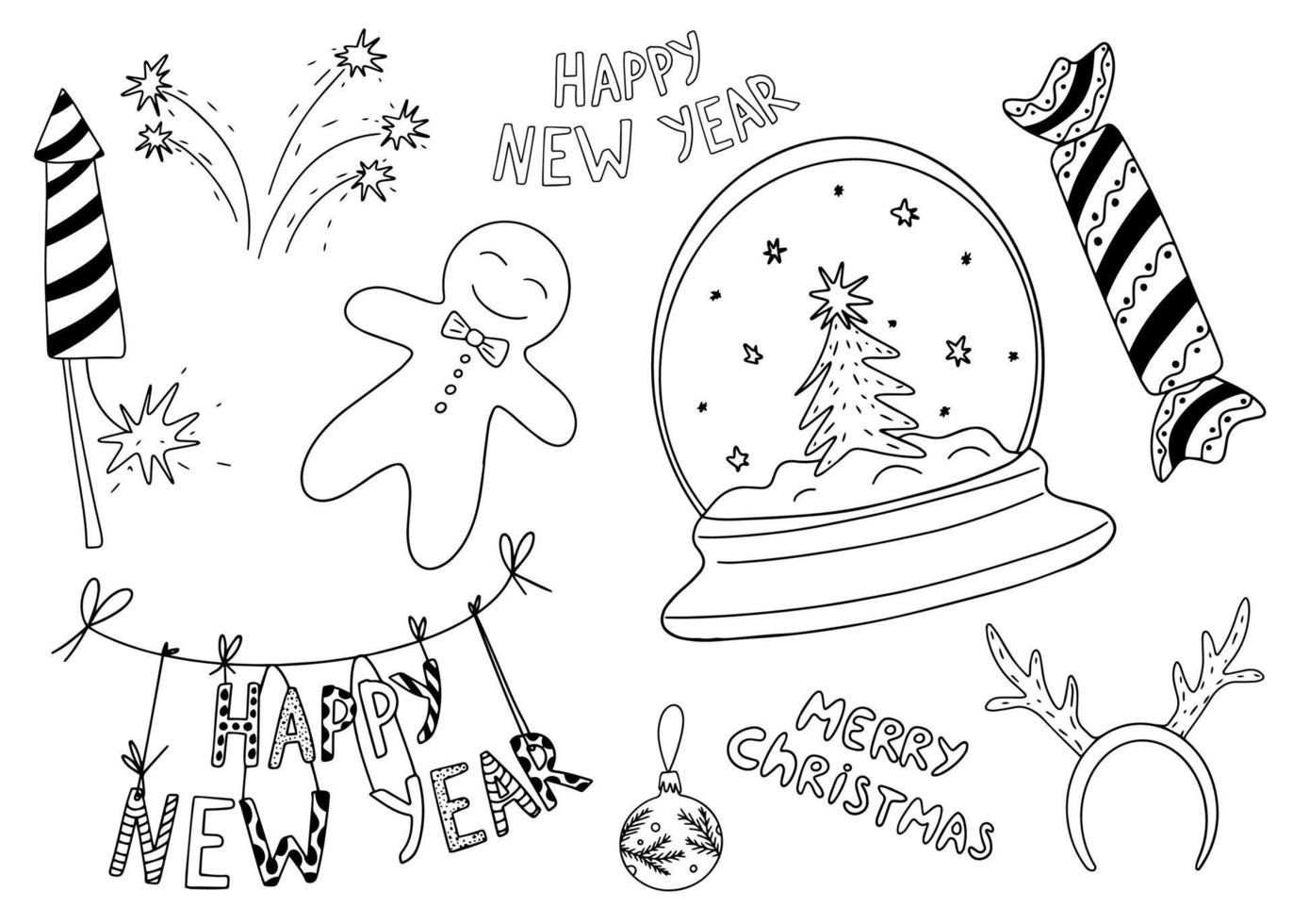 doodle de ano novo definido em estilo vintage na luz de fundo. vetor