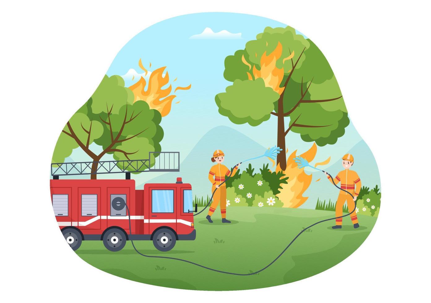 corpo de bombeiros com bombeiros extinguindo casa, floresta e ajudando pessoas em várias situações em ilustração de desenho animado desenhada à mão plana vetor