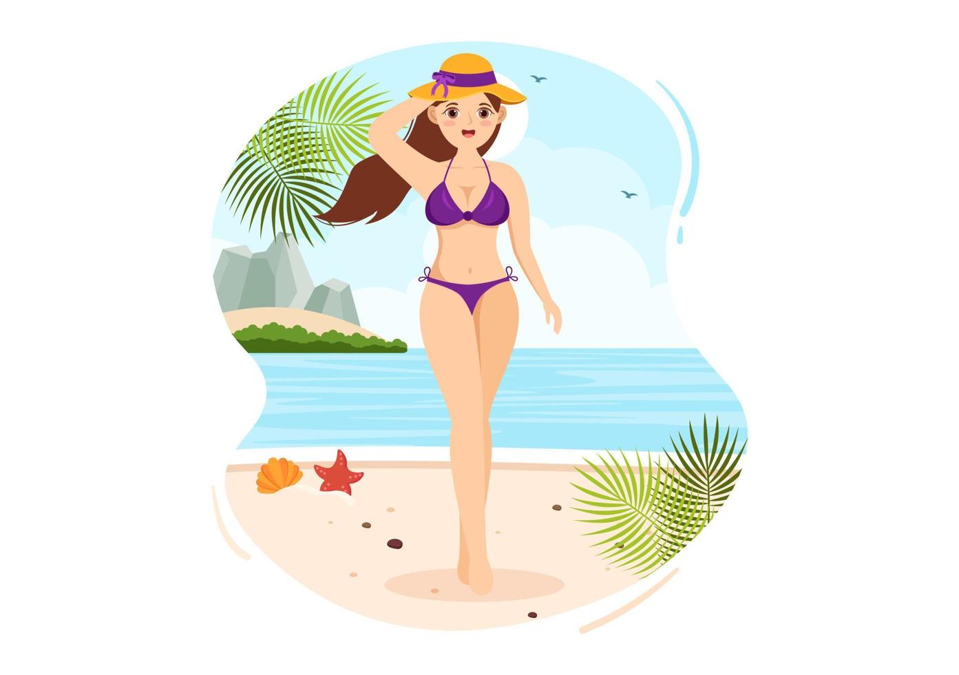 trajes de banho com diferentes designs de biquínis e maiôs para mulheres na praia de verão em estilo plano ilustração de modelos desenhados à mão de desenhos animados vetor