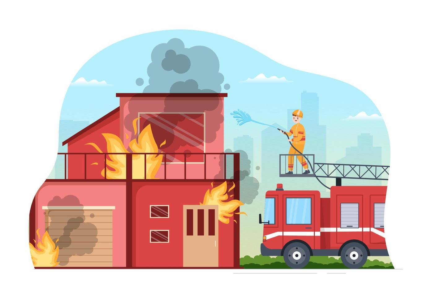 corpo de bombeiros com bombeiros extinguindo casa, floresta e ajudando pessoas em várias situações em ilustração de desenho animado desenhada à mão plana vetor