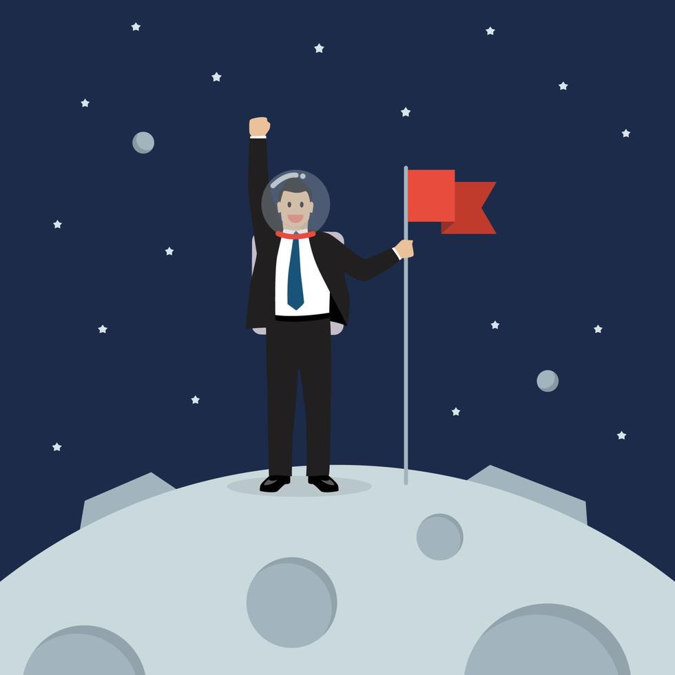 astronauta empresário pousando na lua segurando bandeira vetor