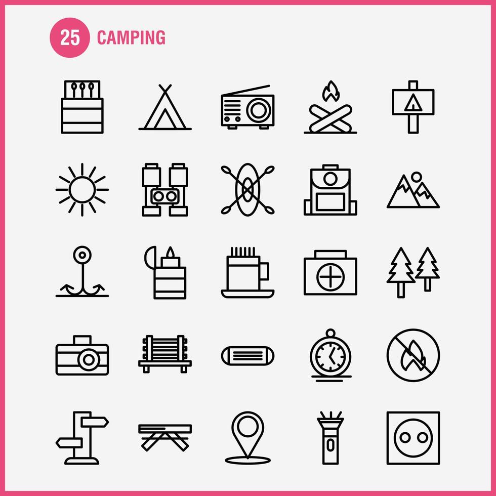 pacote de ícones de linha de acampamento para designers e desenvolvedores ícones de banco camping viagens ao ar livre jogo de acampamento ao ar livre vetor de fogo