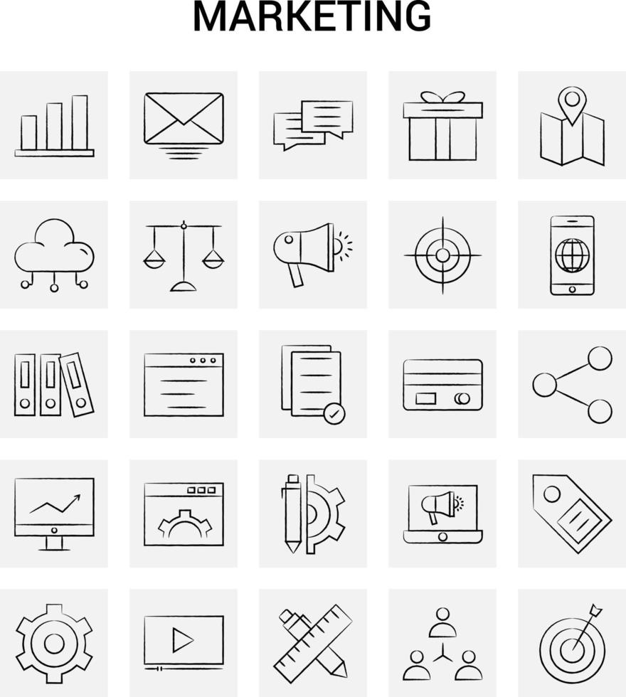 25 ícones de marketing desenhados à mão conjunto doodle de vetor de fundo cinza