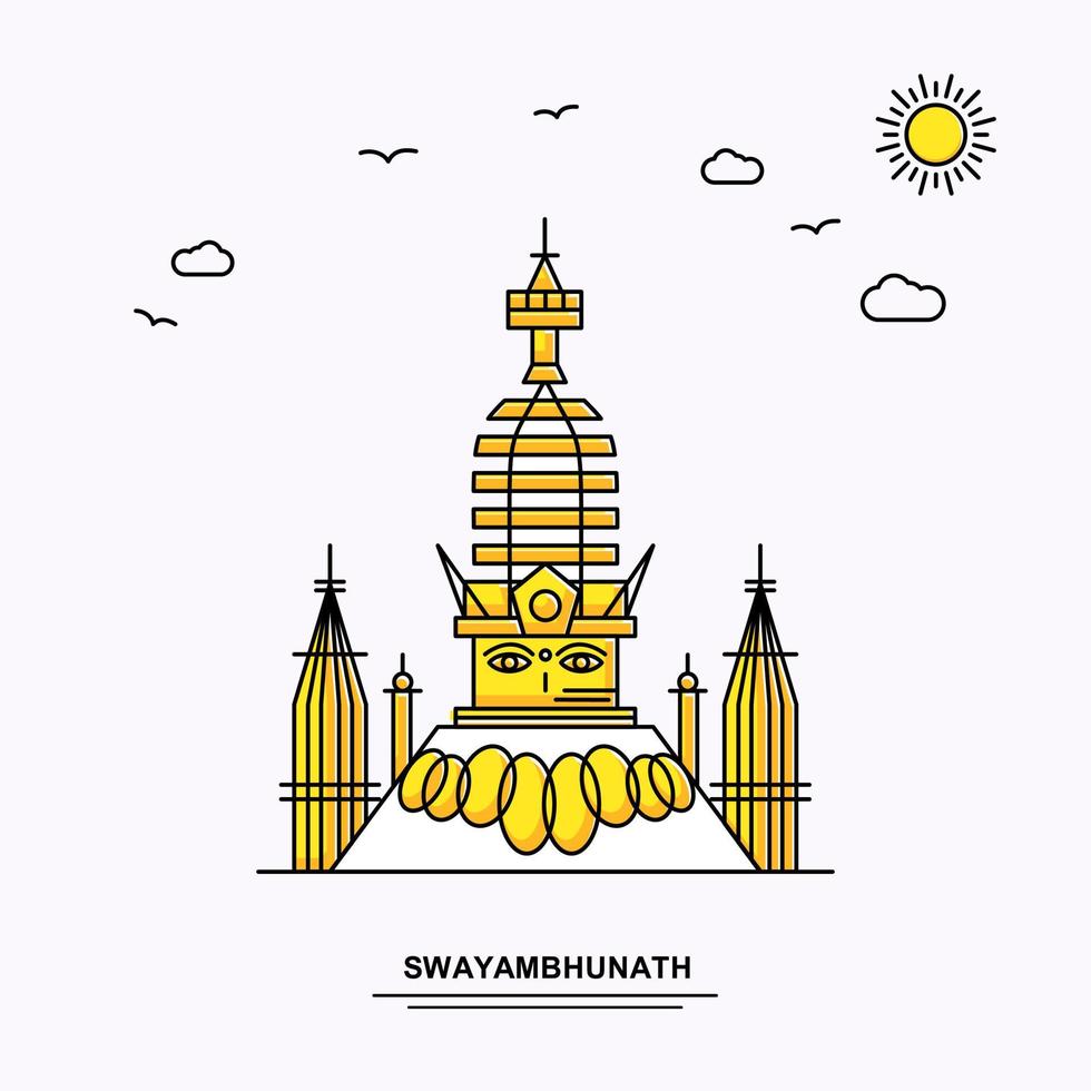 modelo de cartaz de monumento swayambhunath fundo de ilustração amarela viagem mundial em estilo de linha com cena de natureza beleza vetor