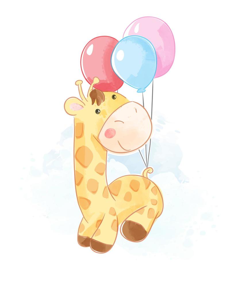 girafa de desenho animado pendurada em balões vetor