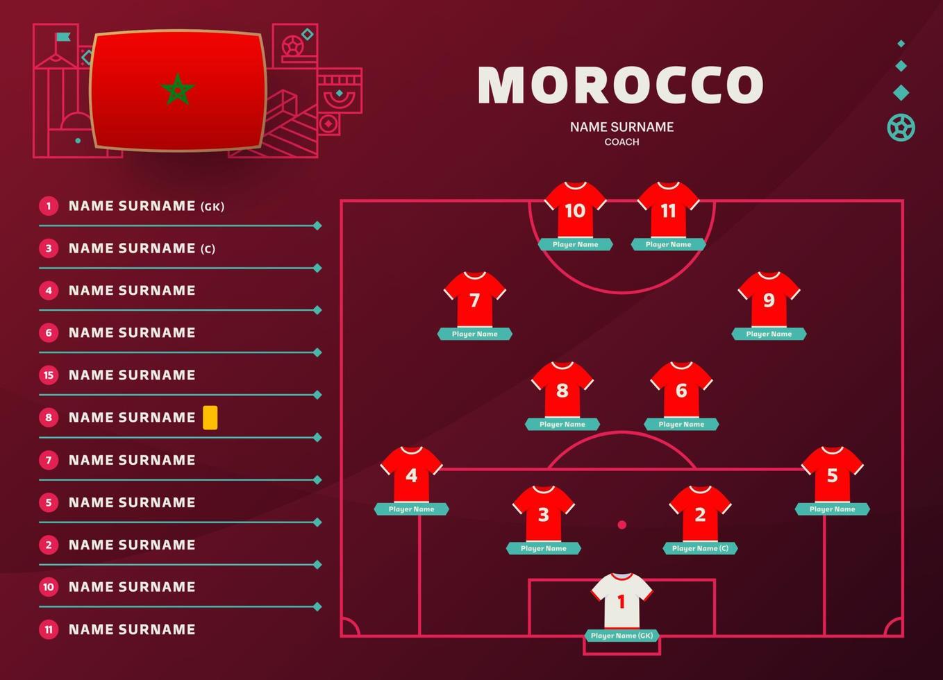 Marrocos line-up mundial de futebol 2022 torneio fase final ilustração vetorial. tabela de escalação da equipe do país e formação da equipe no campo de futebol. bandeiras de país de vetor de torneio de futebol