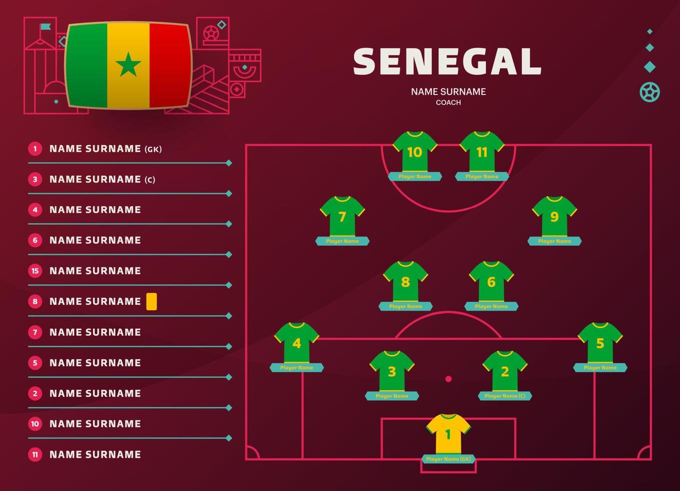 senegal line-up mundial de futebol 2022 torneio ilustração vetorial de fase final. tabela de escalação da equipe do país e formação da equipe no campo de futebol. bandeiras de país de vetor de torneio de futebol