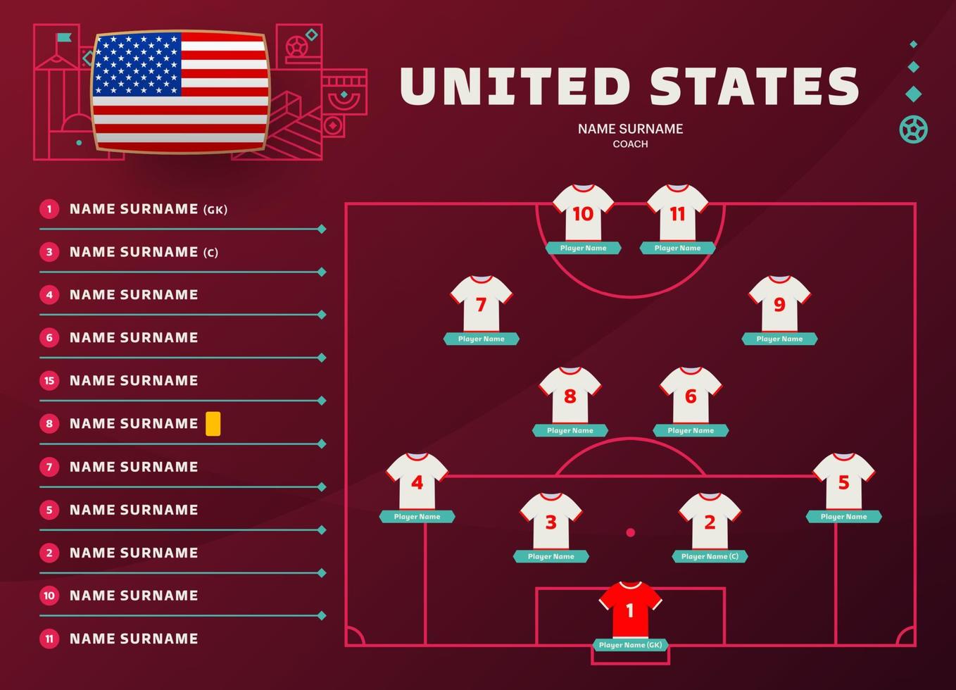 EUA line-up mundial de futebol 2022 torneio ilustração vetorial de fase final. tabela de escalação da equipe do país e formação da equipe no campo de futebol. bandeiras de país de vetor de torneio de futebol