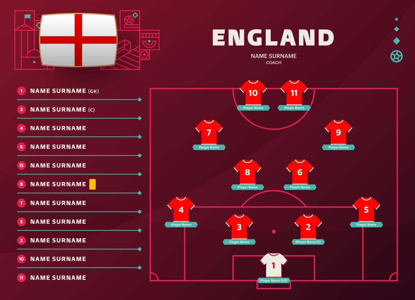 Inglaterra line-up mundial de futebol 2022 torneio ilustração vetorial de fase final. tabela de escalação da equipe do país e formação da equipe no campo de futebol. bandeiras de país de vetor de torneio de futebol