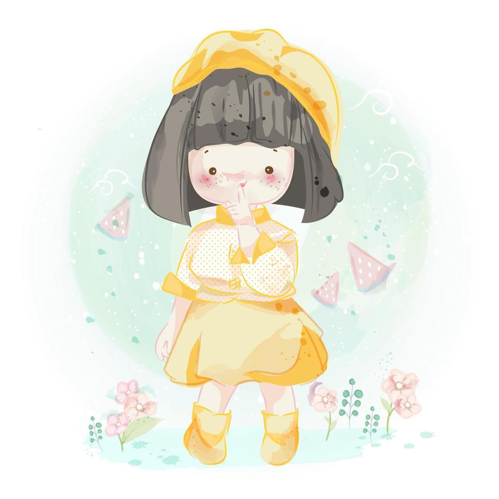 mão desenhada linda garotinha em amarelo vetor