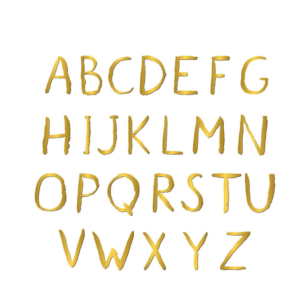 alfabeto de ouro desenhado à mão. az de letras douradas do grunge isolado no branco. fonte moderna sem serifa. símbolos latinos de caligrafia maiúscula. vetor