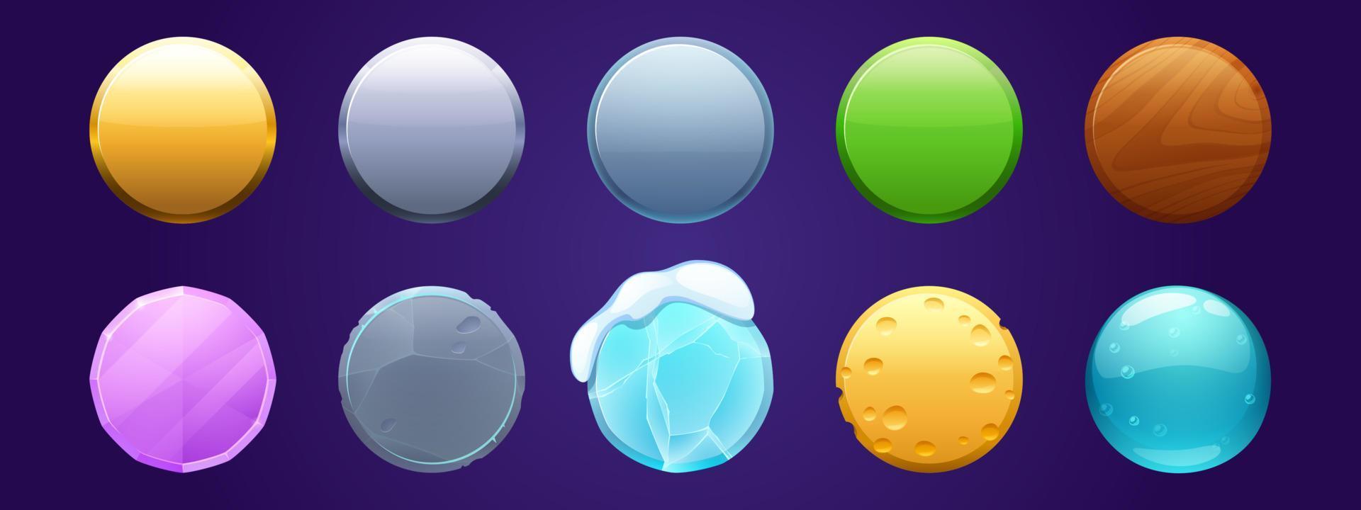 ícones de aplicativos de interface do usuário do jogo, botões redondos, menu de desenho animado vetor