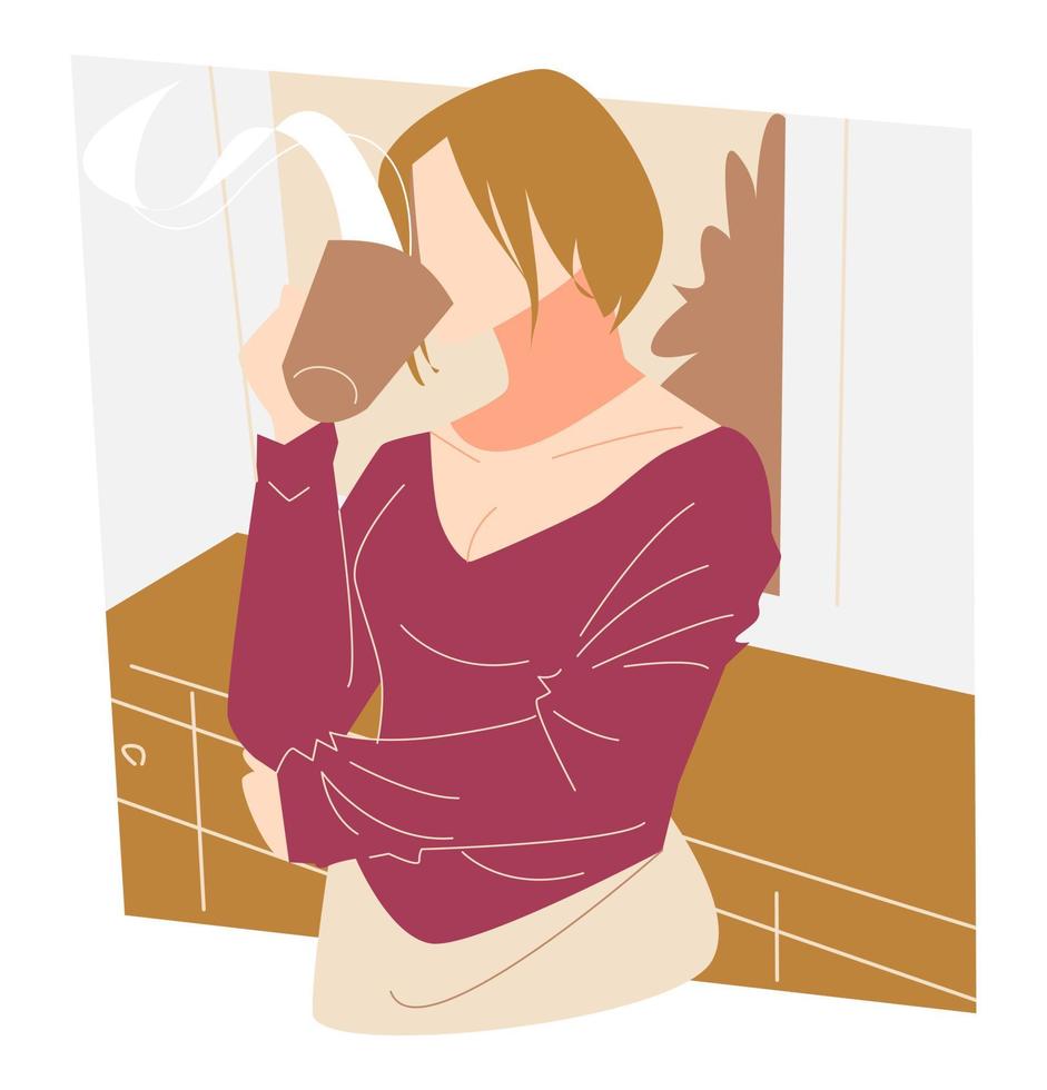 mulher de cabelo curto tomando café na cozinha. bebida quente, chá, leite. tema da manhã, trabalho, café da manhã, etc. ilustração vetorial plana vetor