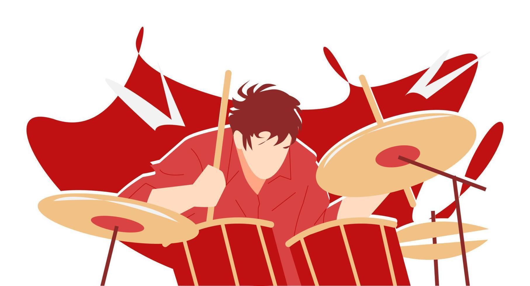 ilustração de homem tocando tambor. baterista. trabalhar duro. música, bandas, hobbies, etc. design plano vetor