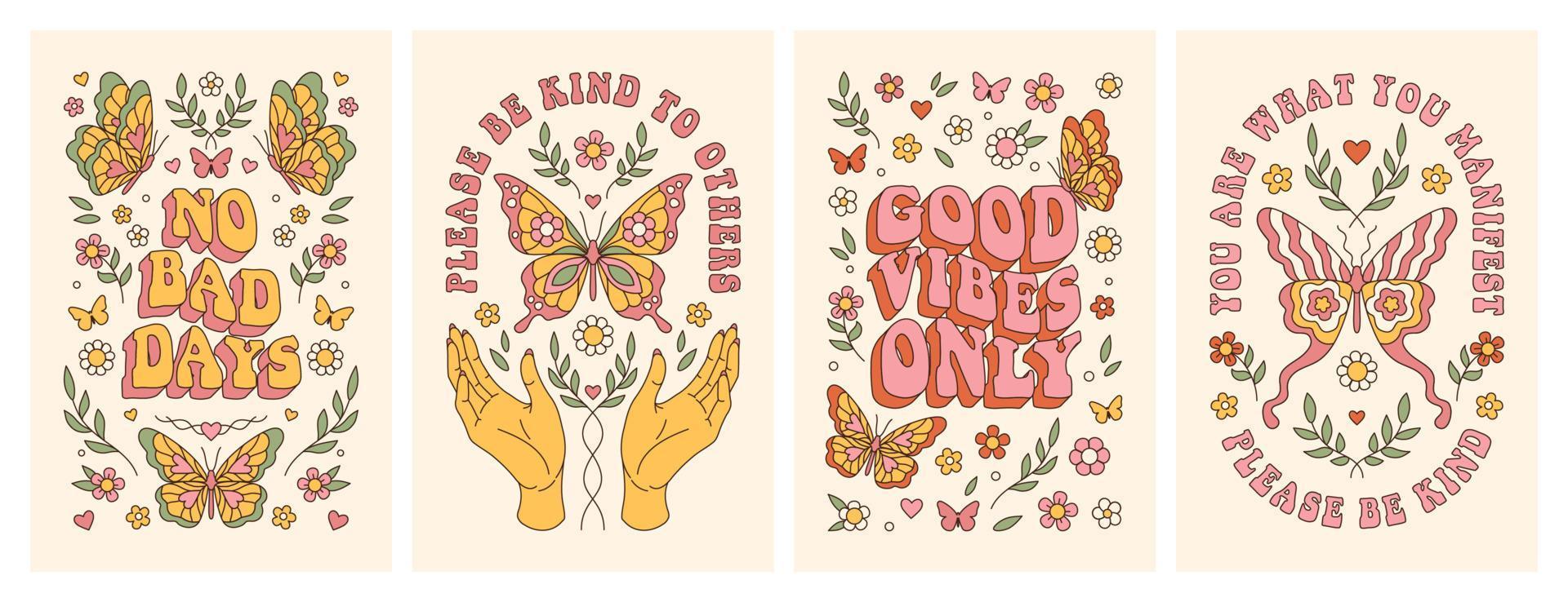 borboleta groovy, margarida, flor. pôsteres hippie dos anos 60 e 70. fundos românticos florais em estilo retro. vetor