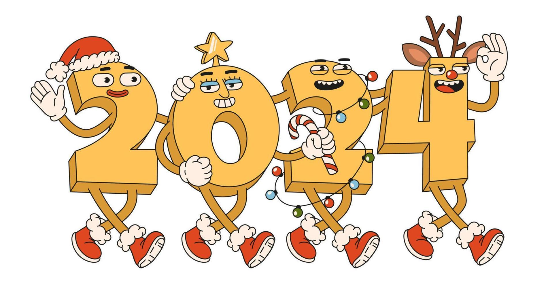 feliz ano novo 2024. números 2024 com chapéu de papai noel, chifres de rena, estrela e guirlanda. vetor