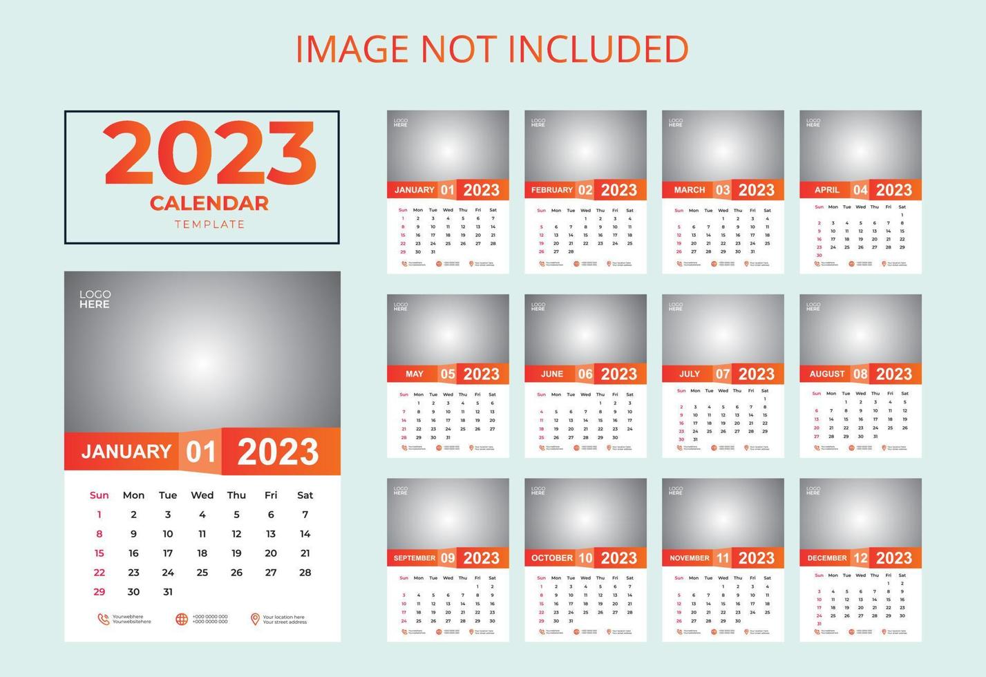 design de calendário 2023, modelo de calendário de parede 2023, design de calendário de 12 páginas 2023, design de calendário de parede 2023 vetor