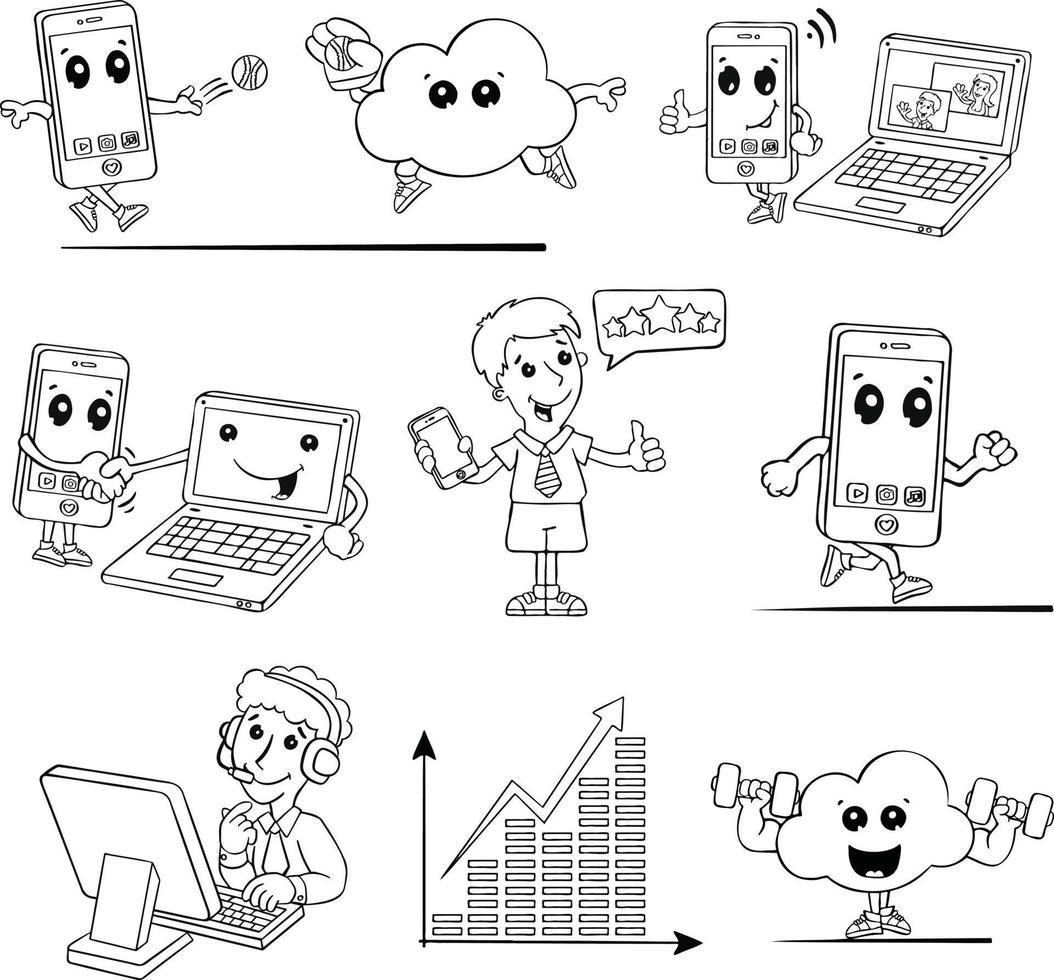 conjunto de ícones computador telefone comunicação desenhada à mão ícone vetor