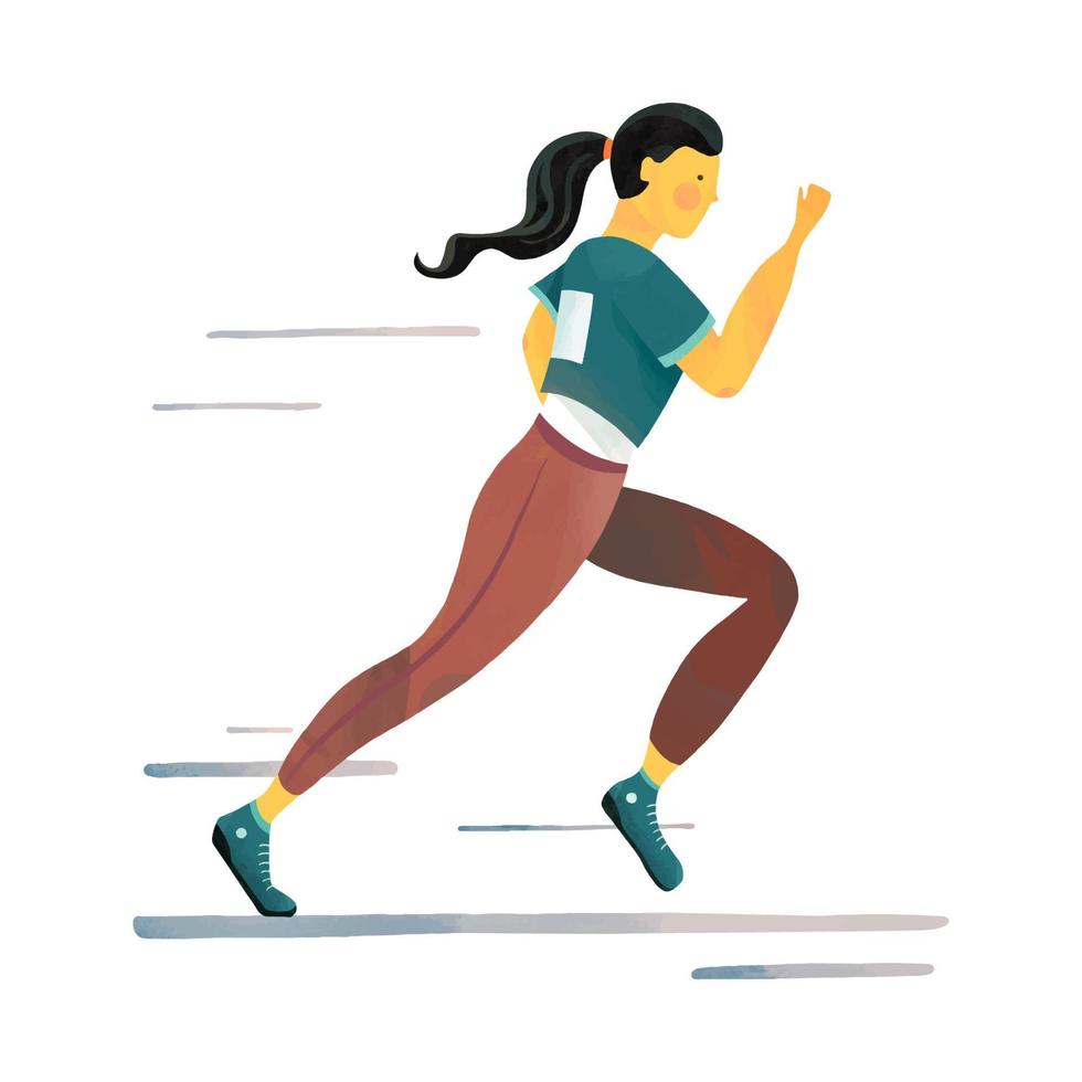 jovem mulher com cabelo preto correndo maratona. ilustração plana com texturas em fundo branco vetor