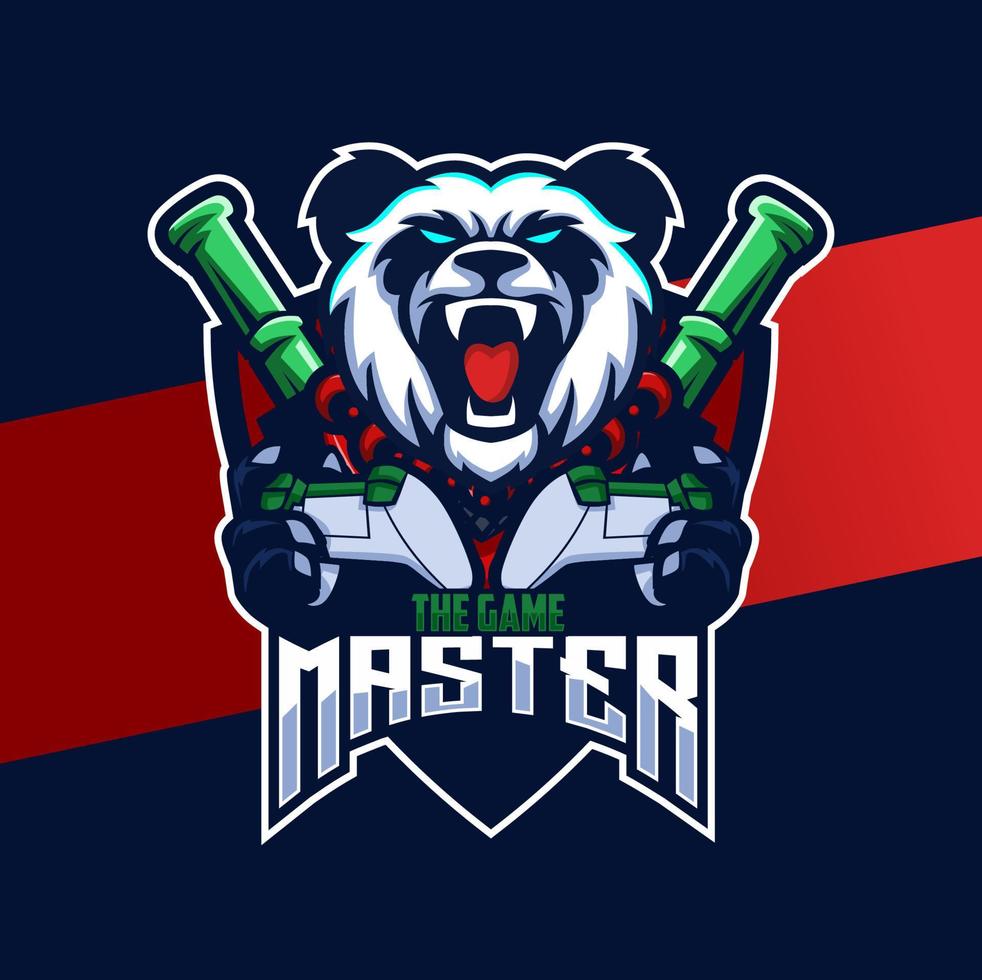 design de logotipo de e-sport de mascote panda com personagem de estilo mestre para gamer e esporte vetor