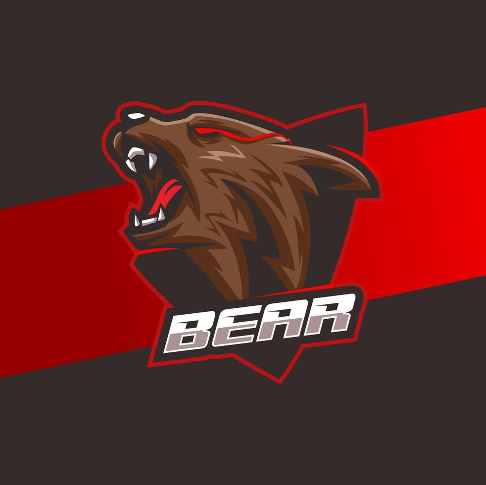 mascote de logotipo de cabeça de urso bravo com rótulo de escudo para poderoso e-sport e design esportivo vetor