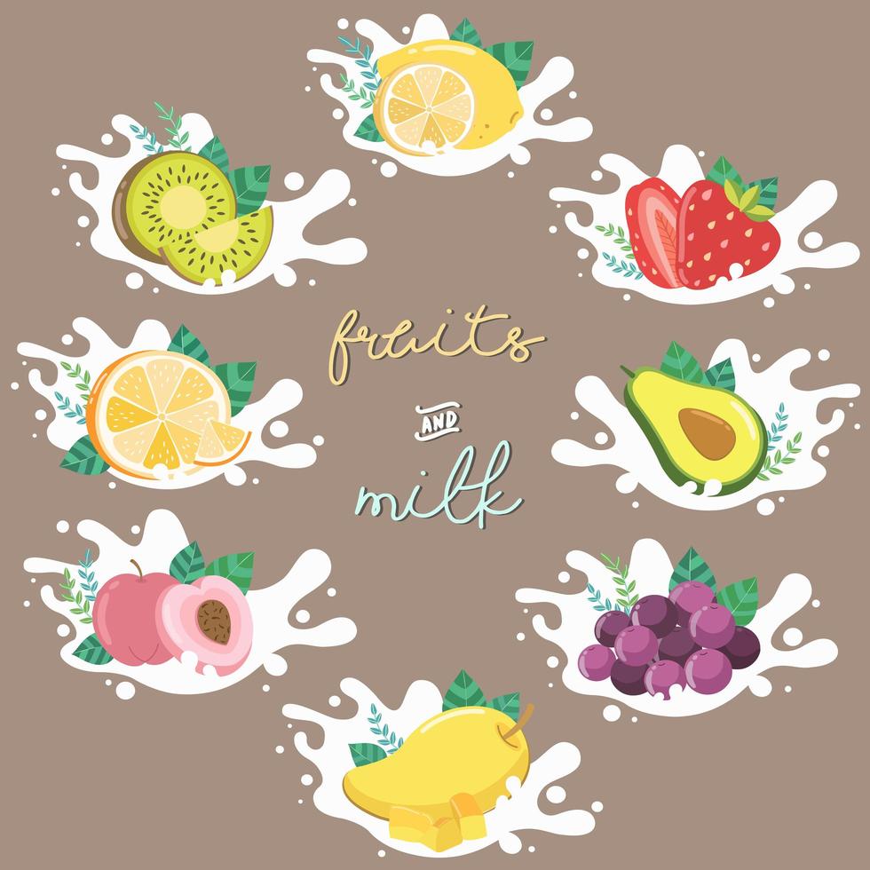 grande coleção de ícones de frutas em milk splash vetor