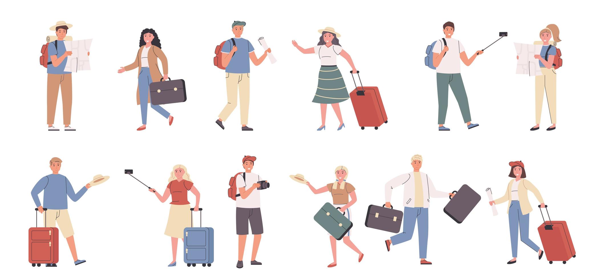 turistas, viajantes masculinos e femininos conjunto de caracteres planos vetor