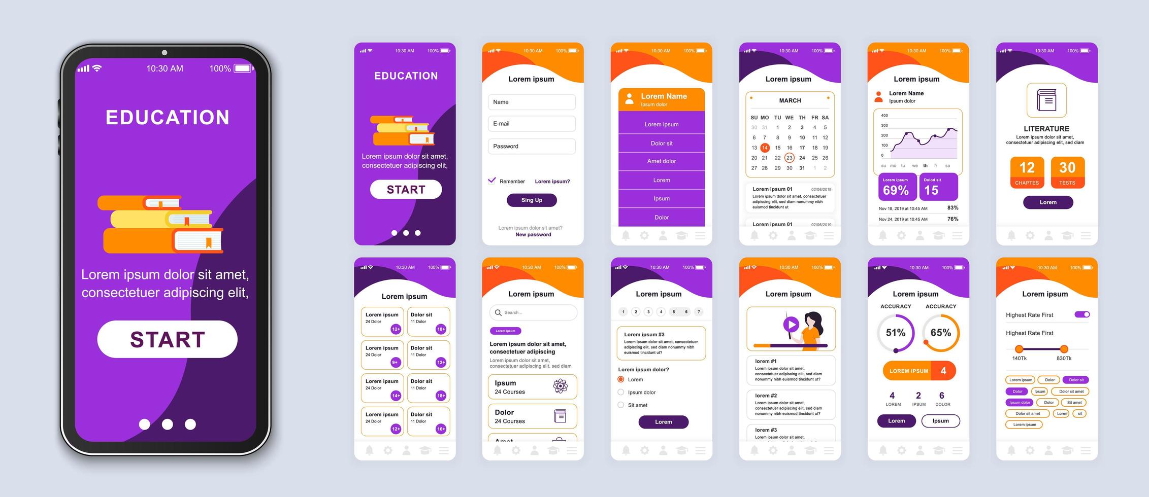 interface de smartphone do aplicativo móvel ui educacional roxo e laranja vetor