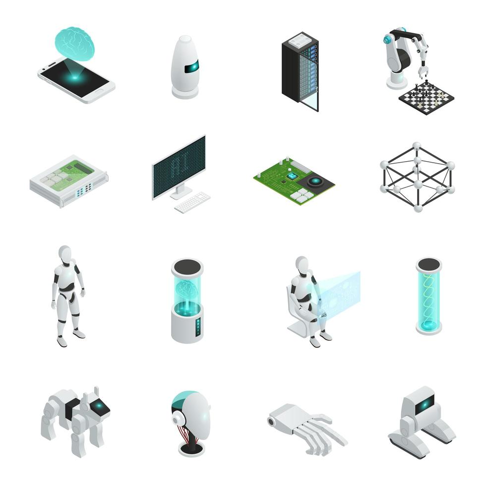 conjunto de ícones de inteligência artificial isométrica vetor