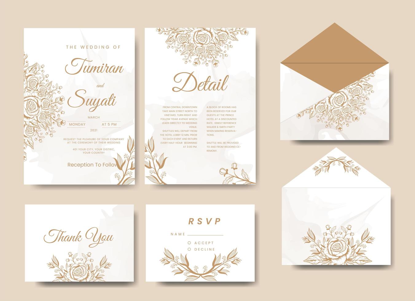 conjunto completo de convite de casamento floral elegante vetor
