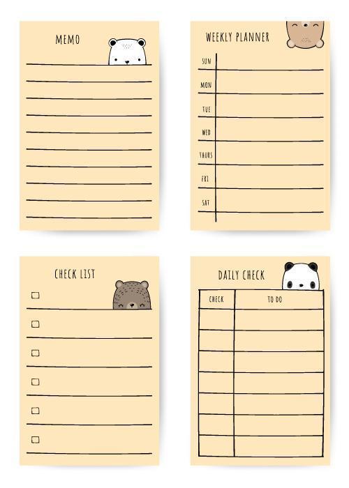 Conjunto de planejador de notas doodle de urso fofo vetor