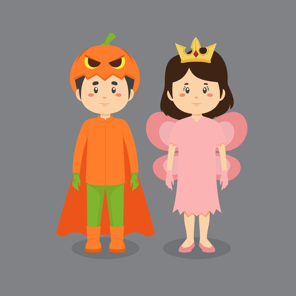 personagens vestindo fantasias de herói de abóbora e fadas de halloween vetor