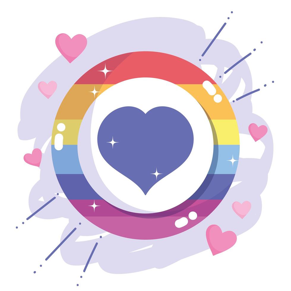feliz dia do orgulho, emblema da comunidade lgbt com arco-íris de coração vetor
