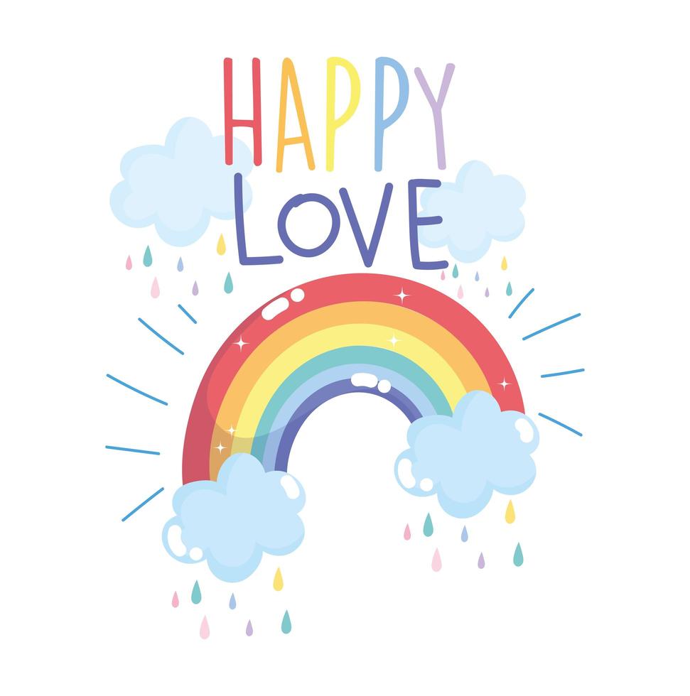 feliz dia do orgulho, arco-íris, nuvens, design de texto vetor